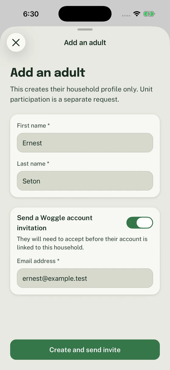 Add an adult form with an optional Woggle account invitation enabled.