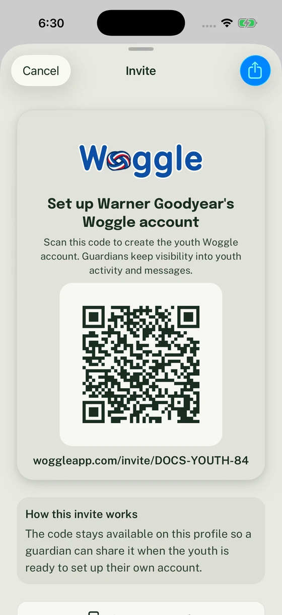 Youth account invitation card showing a fictional QR code and guardian visibility explanation.