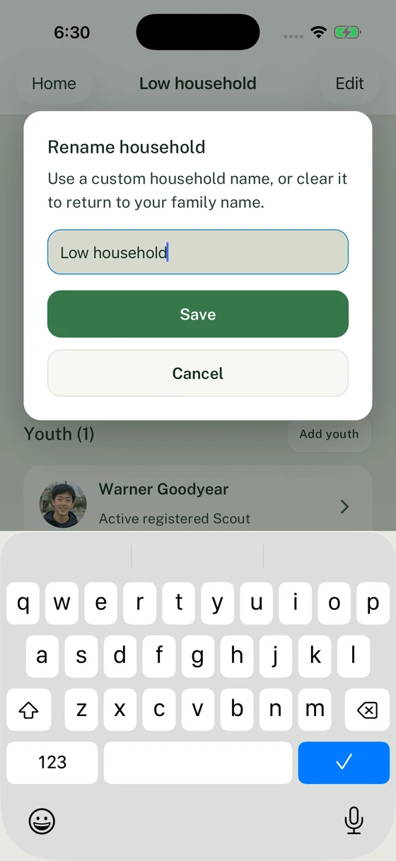 Rename household sheet with the current name and Save and Cancel controls.