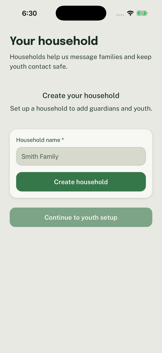 Household setup form before creating a household.
