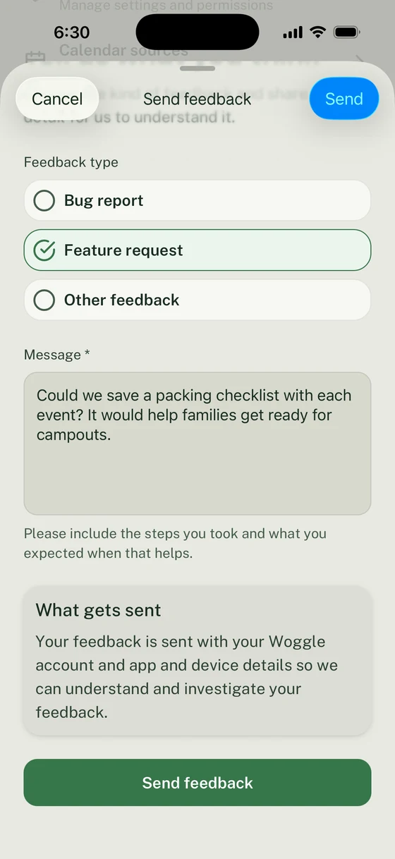 Send feedback form with Feature request selected, a packing-checklist suggestion, the complete What gets sent notice, and Send feedback.