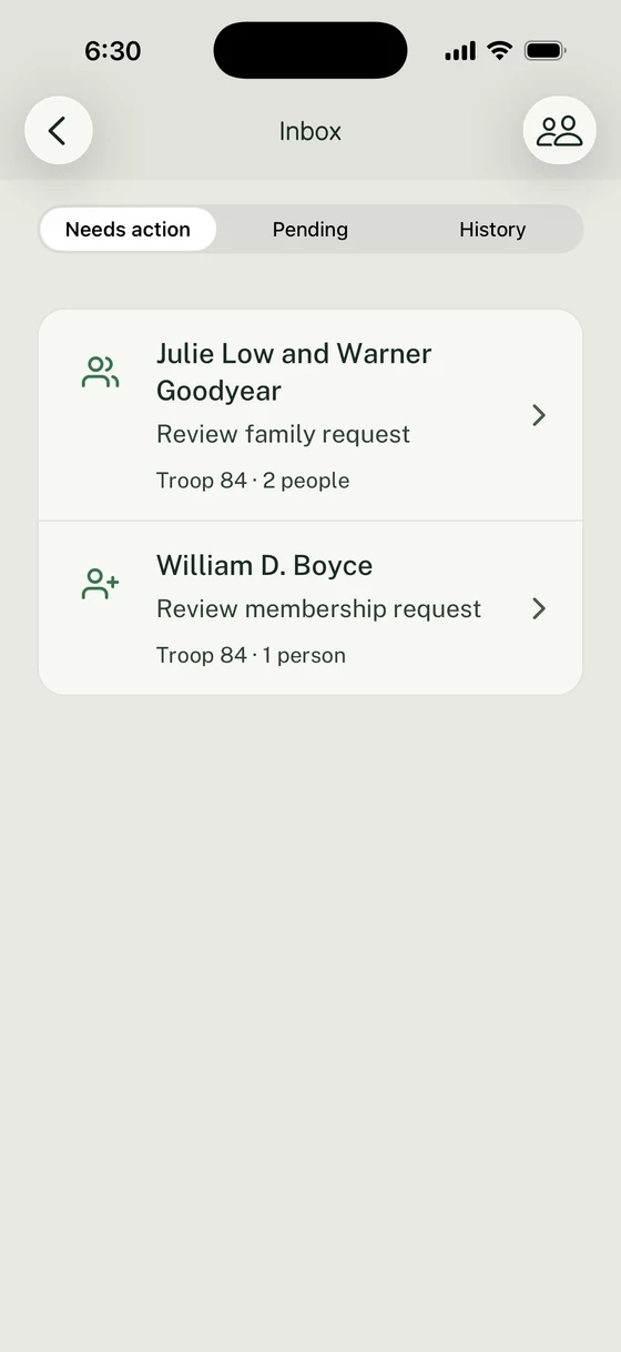 Administrator Inbox with Needs action selected and family and membership requests to review for Troop 84.
