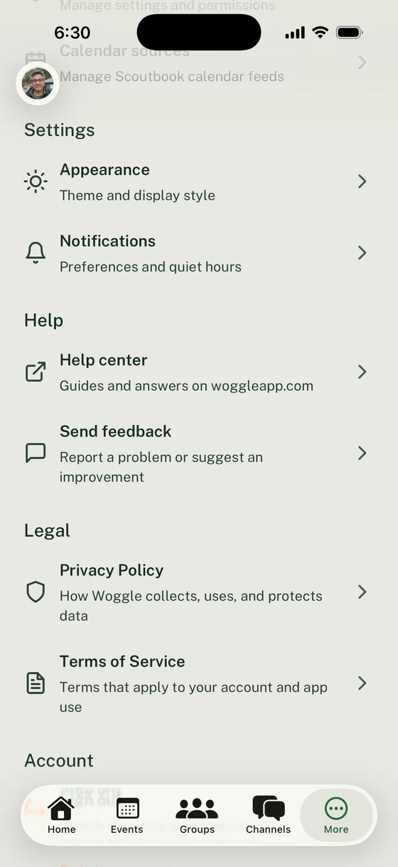 More scrolled to Help with Help center and Send feedback visible above Legal and Account.