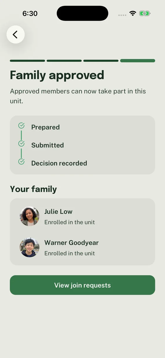 Family approved result with Julie Low and Warner Goodyear both enrolled in the Unit.