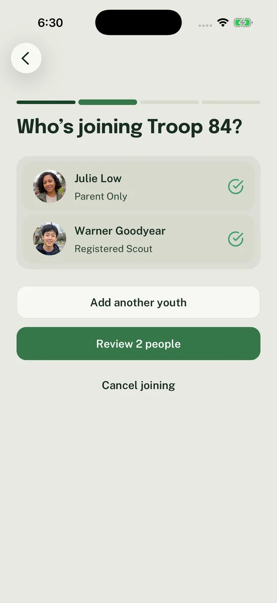 Woggle family request with one parent and one Scout selected for Troop 84.