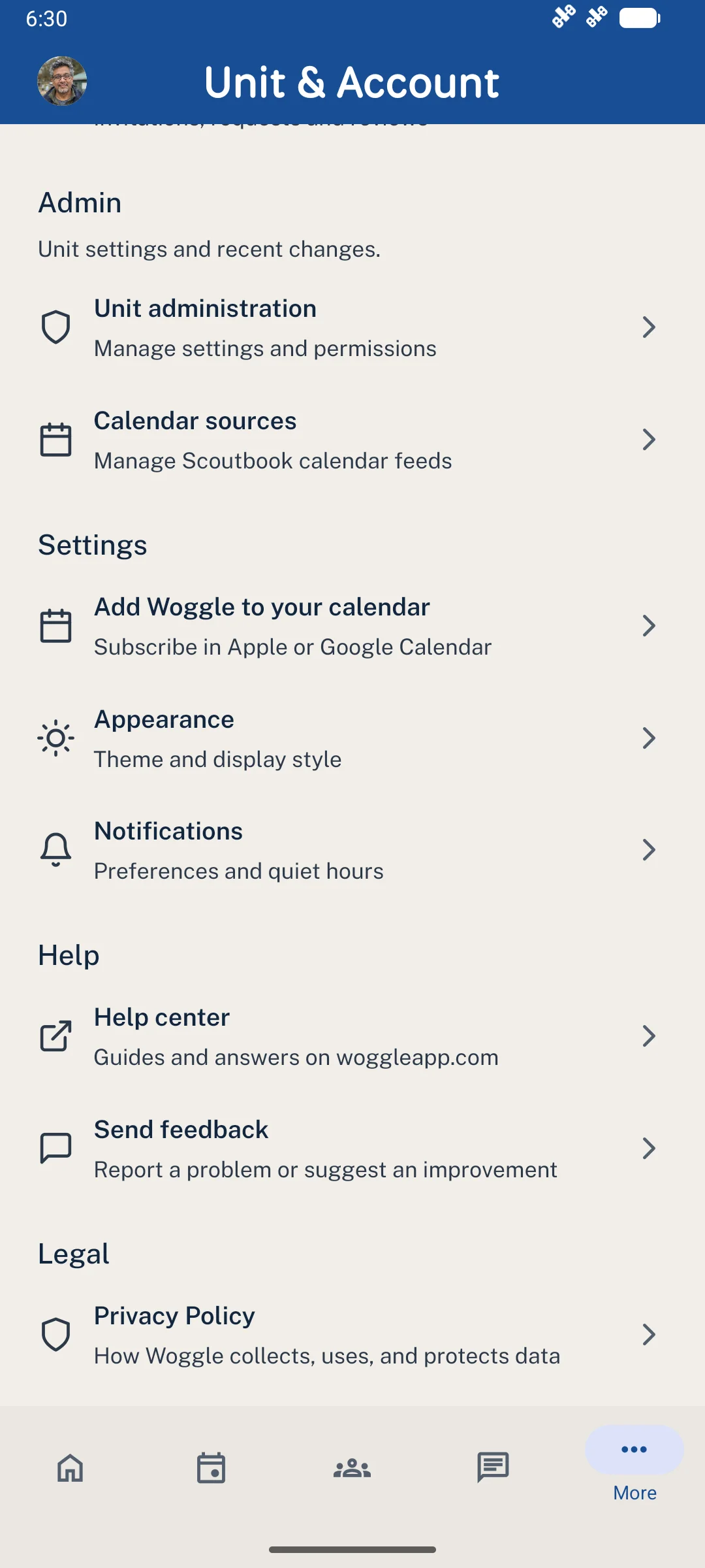 Woggle More screen with Add Woggle to your calendar under Settings.