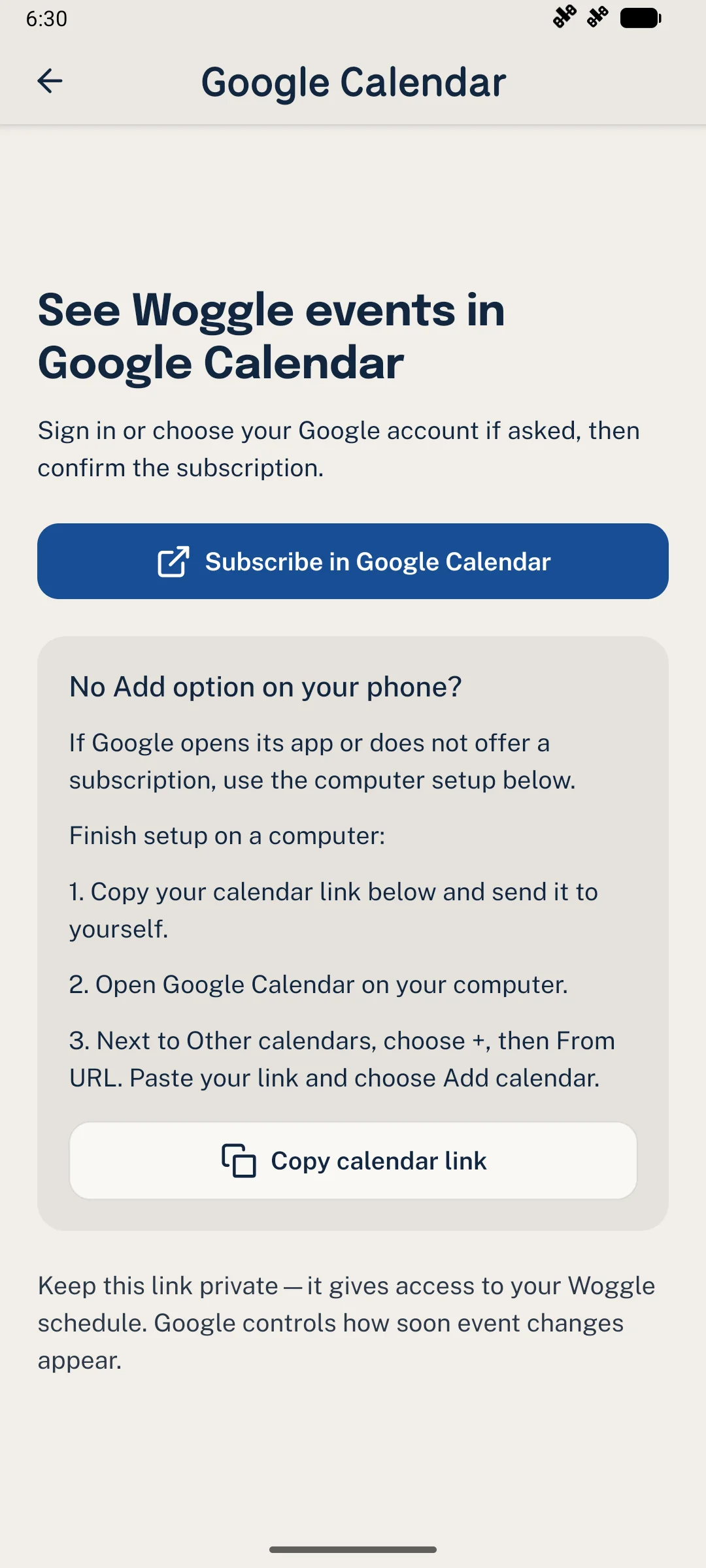 Google Calendar setup in Woggle with Subscribe in Google Calendar and computer setup instructions.