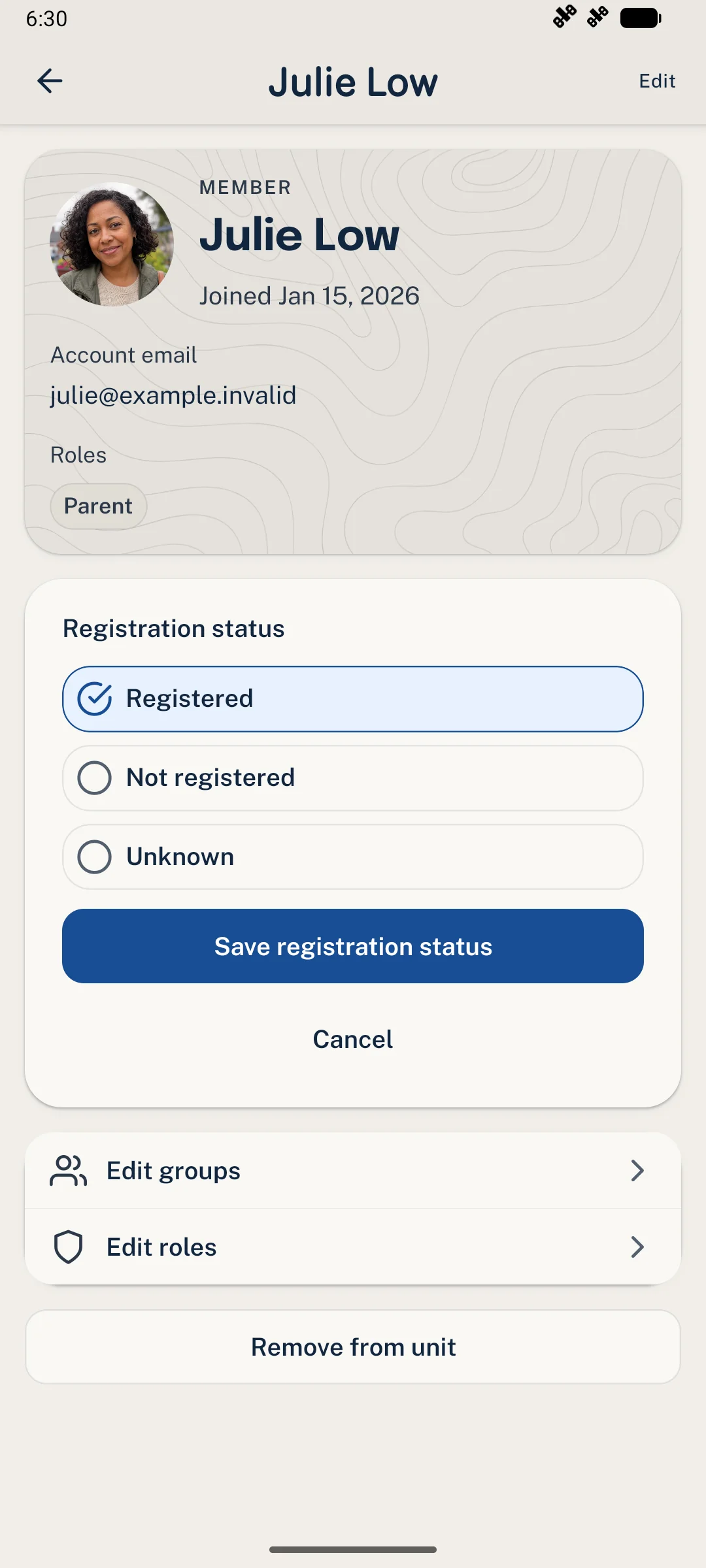 Member profile on Android with Registered, Not registered, and Unknown choices and Save registration status.