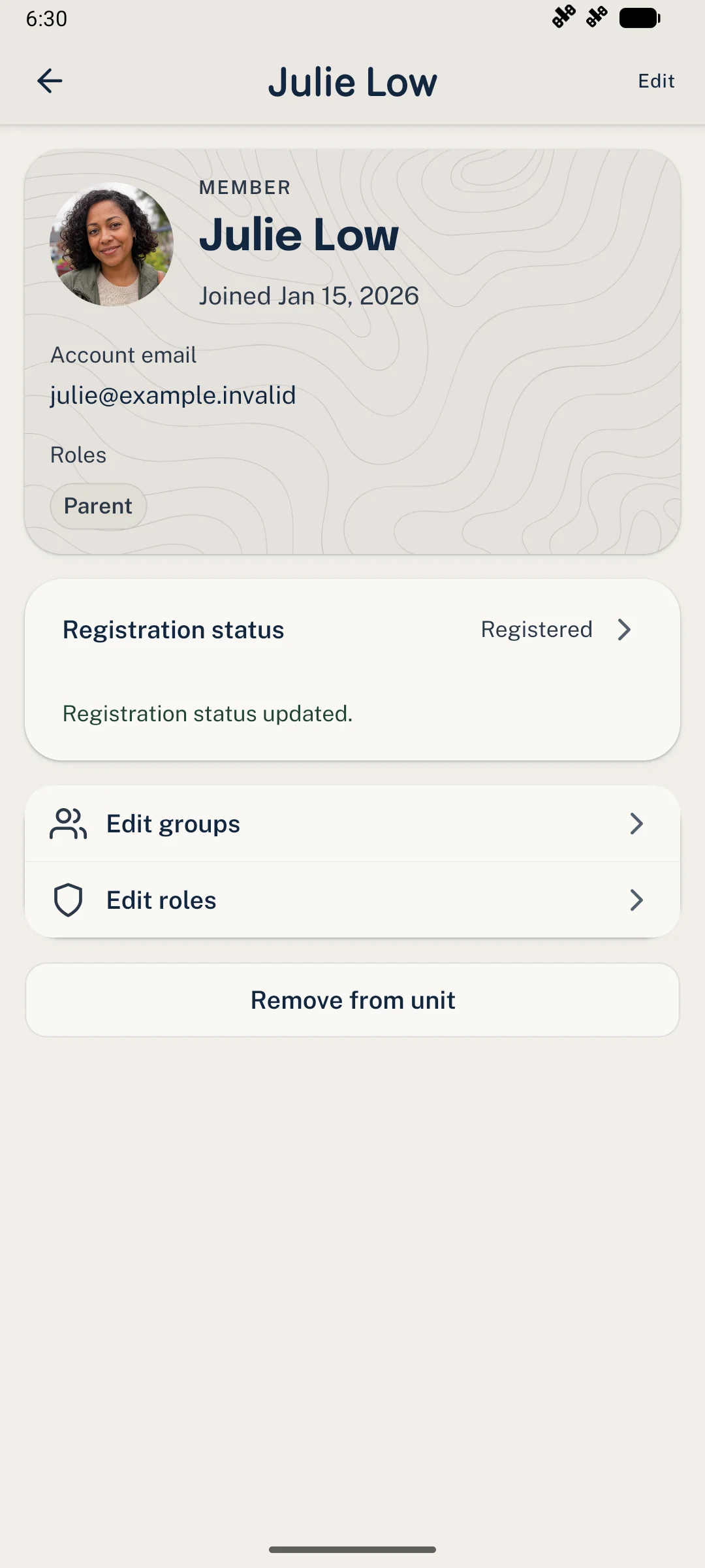 Member profile on Android showing the saved registration status and Registration status updated confirmation.