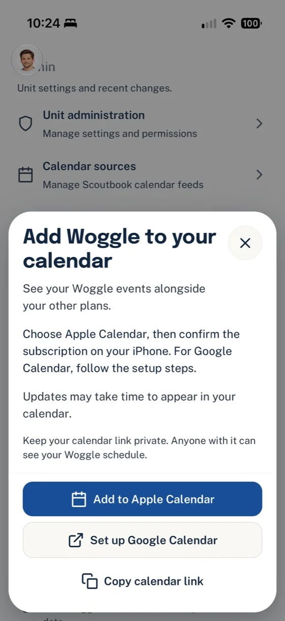 Woggle on iPhone showing Add to Apple Calendar, Set up Google Calendar, and Copy calendar link.