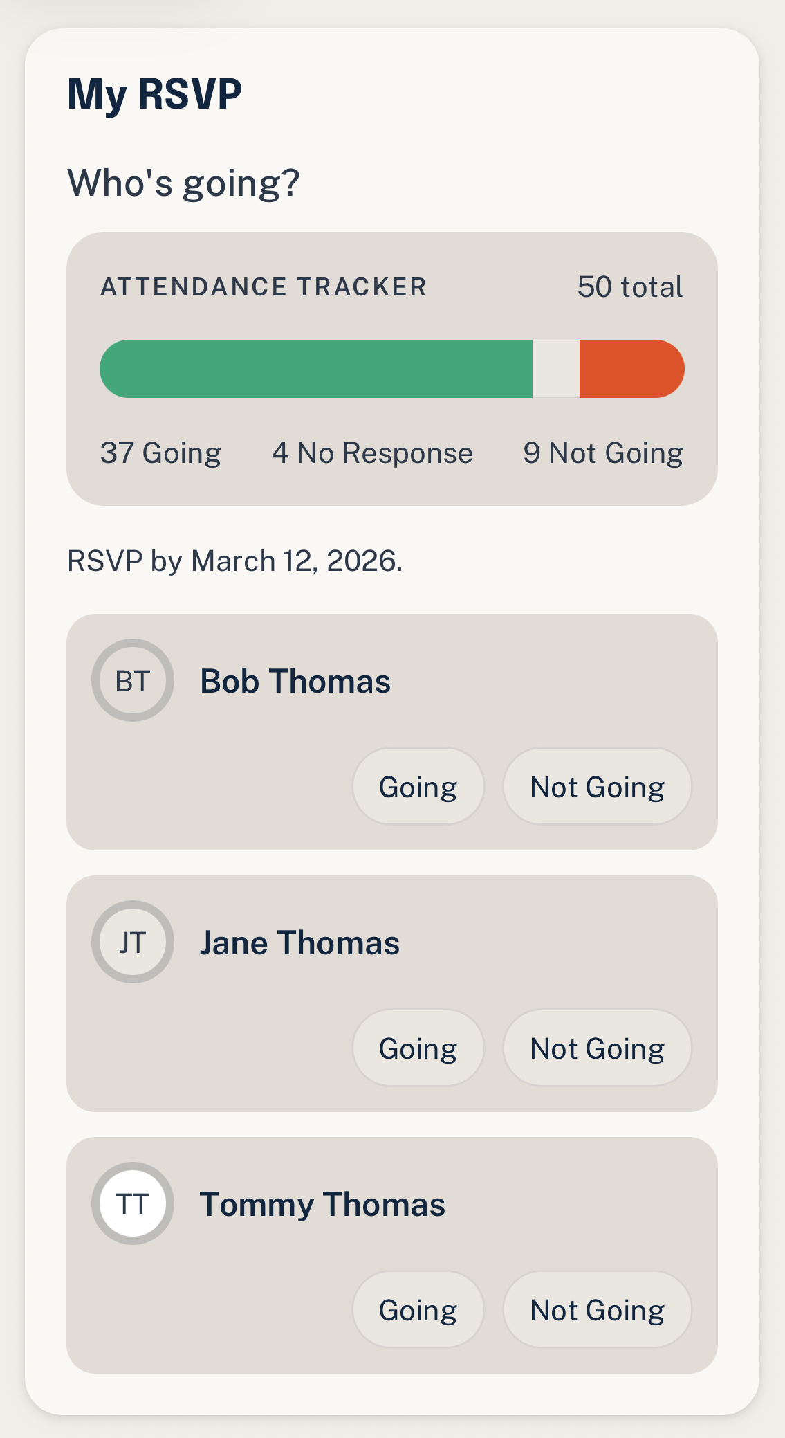 Woggle RSVP interface showing attendance totals and family-level responses.