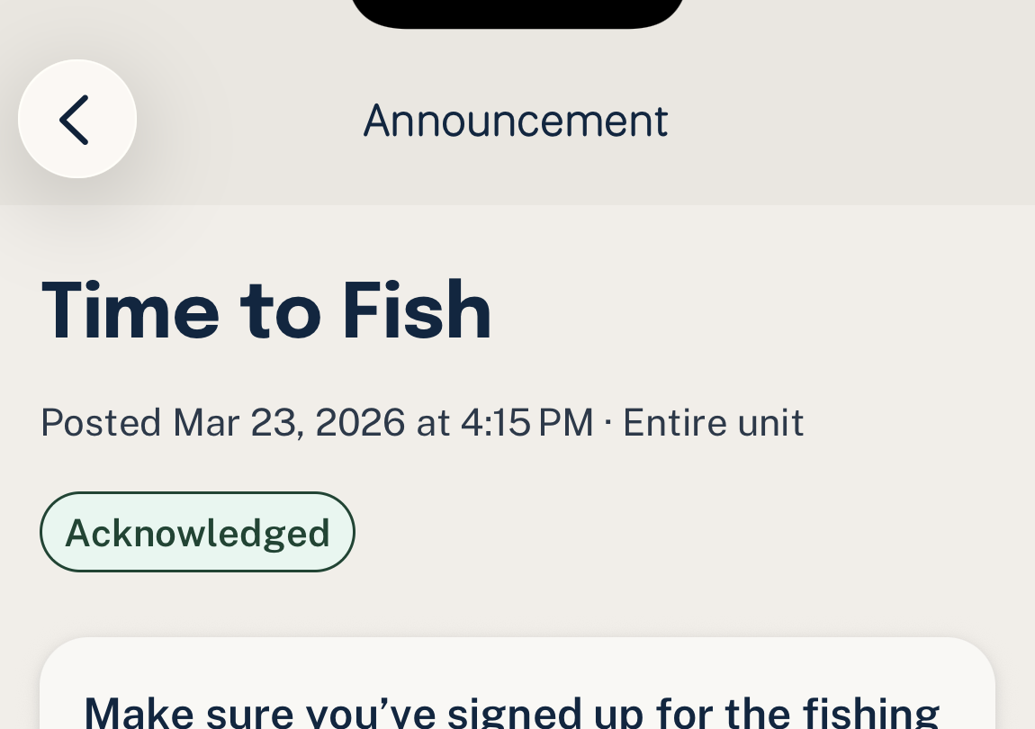 Woggle announcement screen with acknowledgement state and event-related update copy.