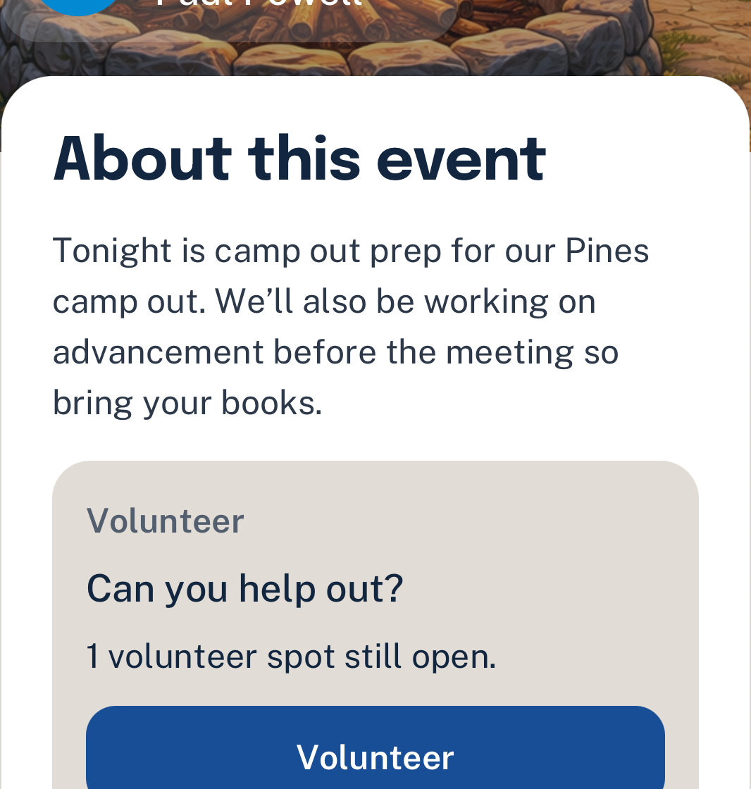 Woggle event detail screen section showing a volunteer callout and open spot count.