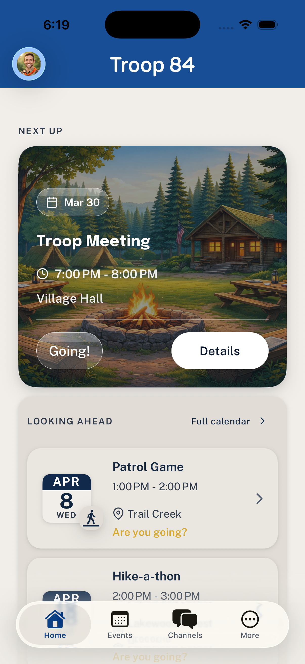 Woggle home screen with an upcoming troop meeting card and upcoming events list.
