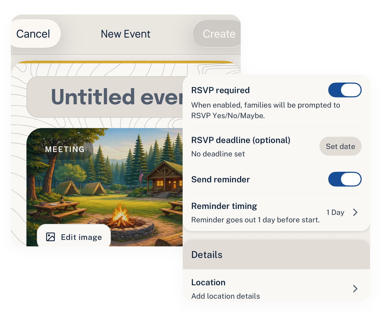 Woggle create event flow showing the event setup surface and RSVP settings