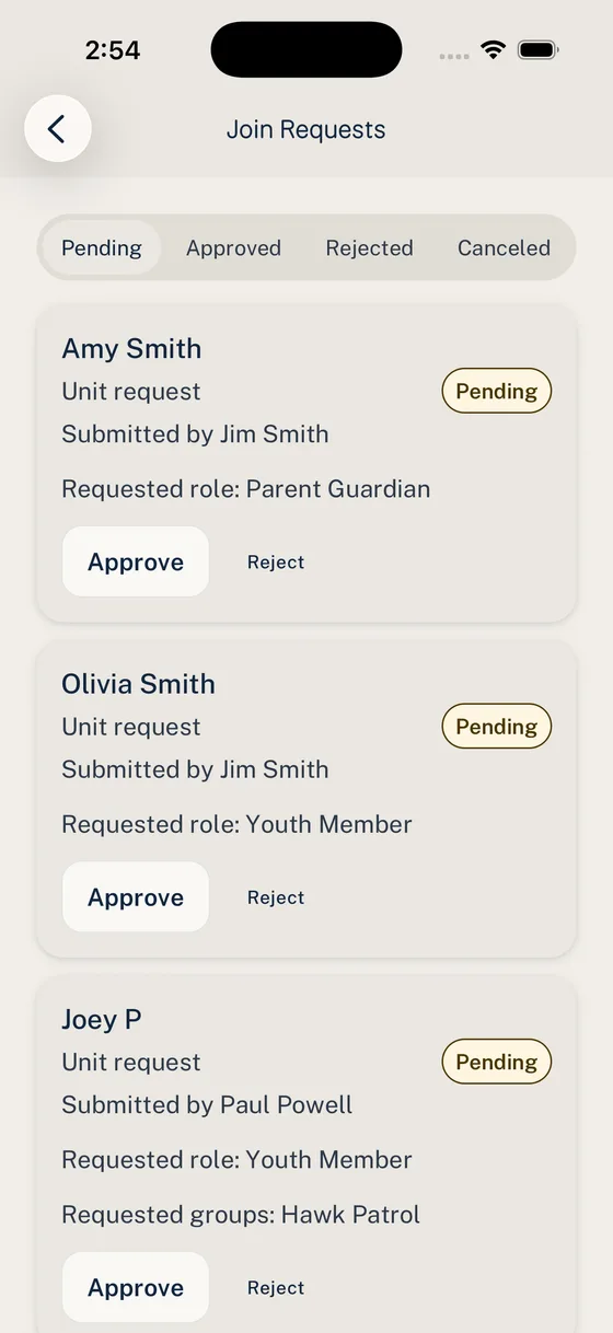 Woggle admin screen for reviewing join requests before granting access.