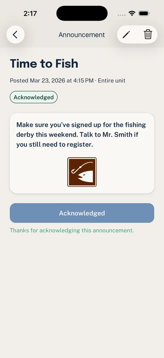 Woggle Announcement detail screen showing a leader update that has been acknowledged.