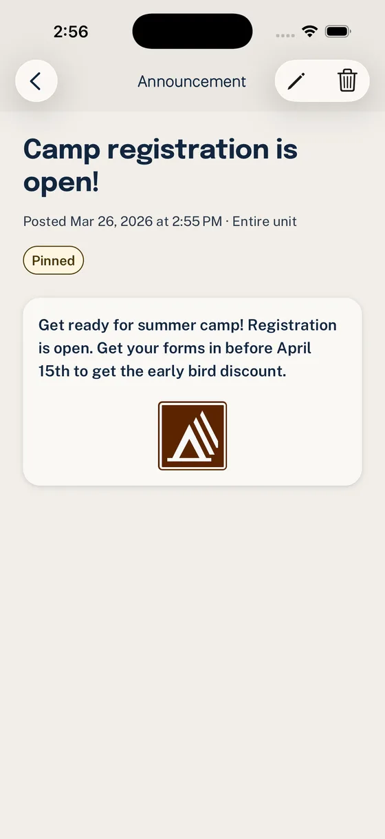 Woggle home screen showing a pinned Announcement above the next Event widget.