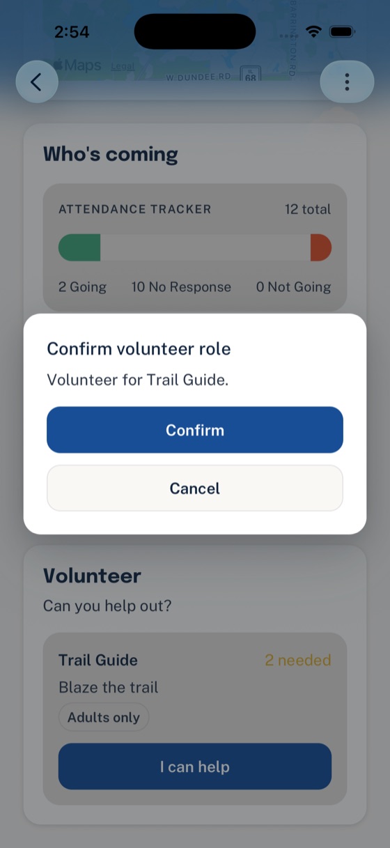 Woggle confirmation sheet asking a parent to accept the Trail Guide volunteer role.