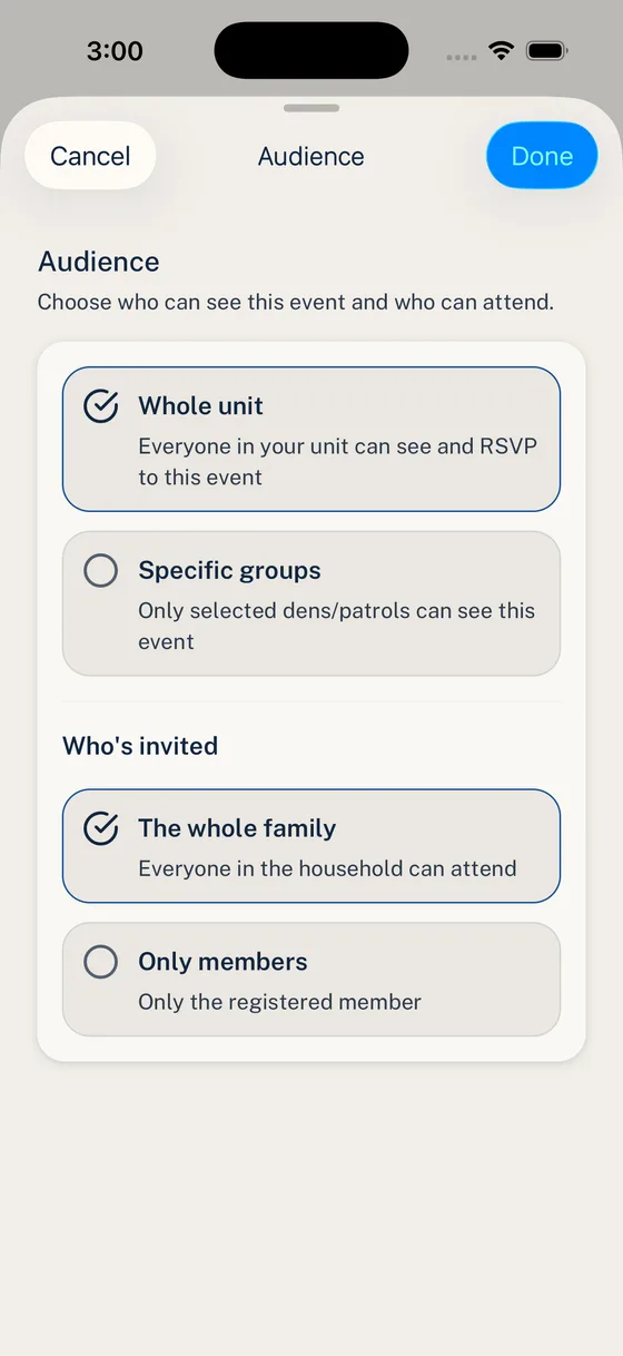 Woggle New Event audience screen showing Group selection for Pack 102, Bear Den, Wolf Den, and leaders.