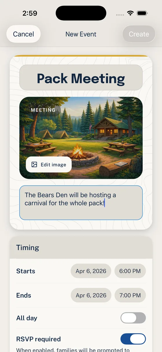 Woggle New Event screen showing a Pack Meeting title, event image, description, timing, and RSVP required setting.