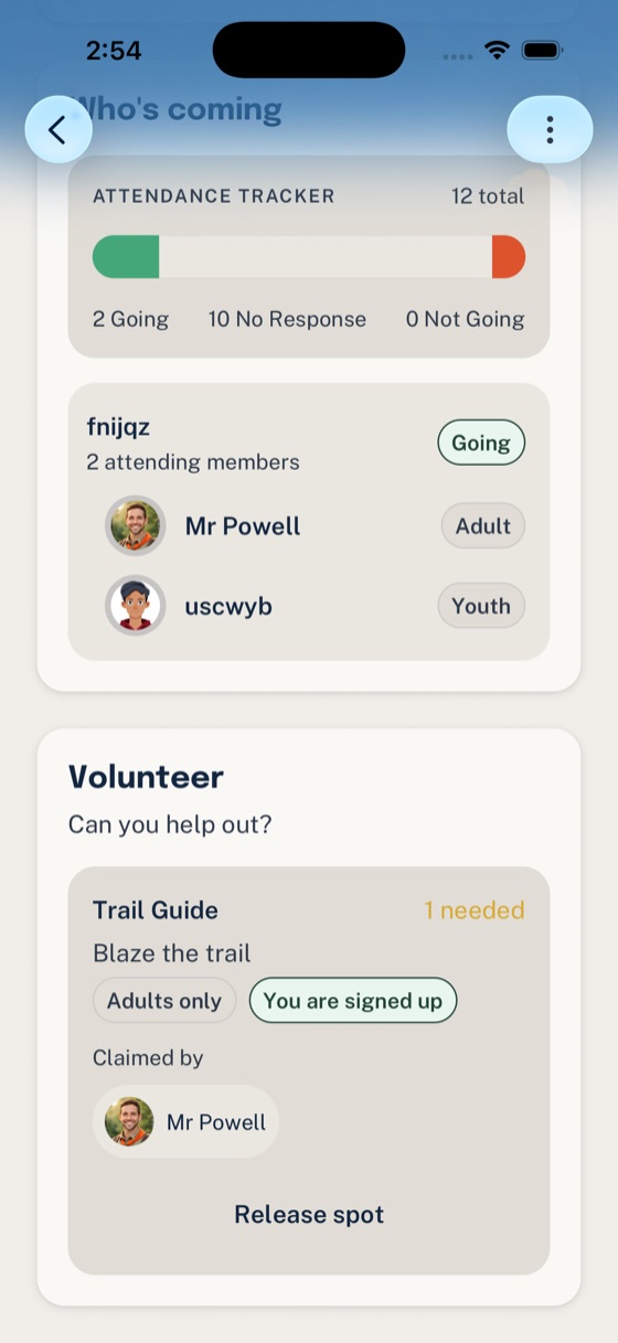 Woggle Event detail screen showing volunteer roles with some spots claimed and some still open.