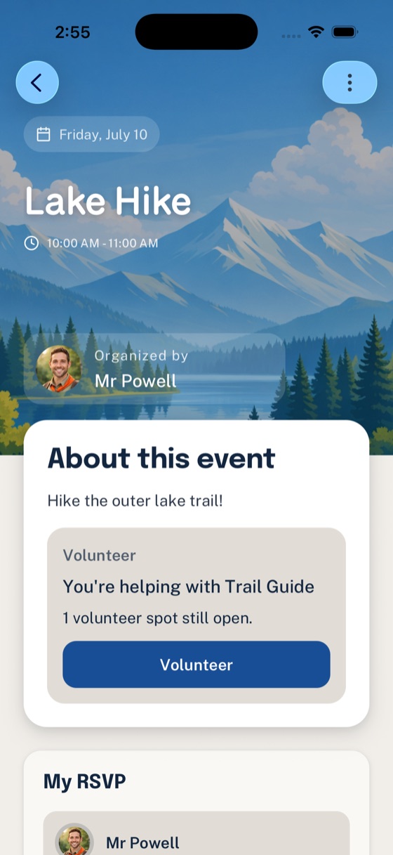 Woggle Event detail screen showing the Trail Guide volunteer role claimed by the current user.