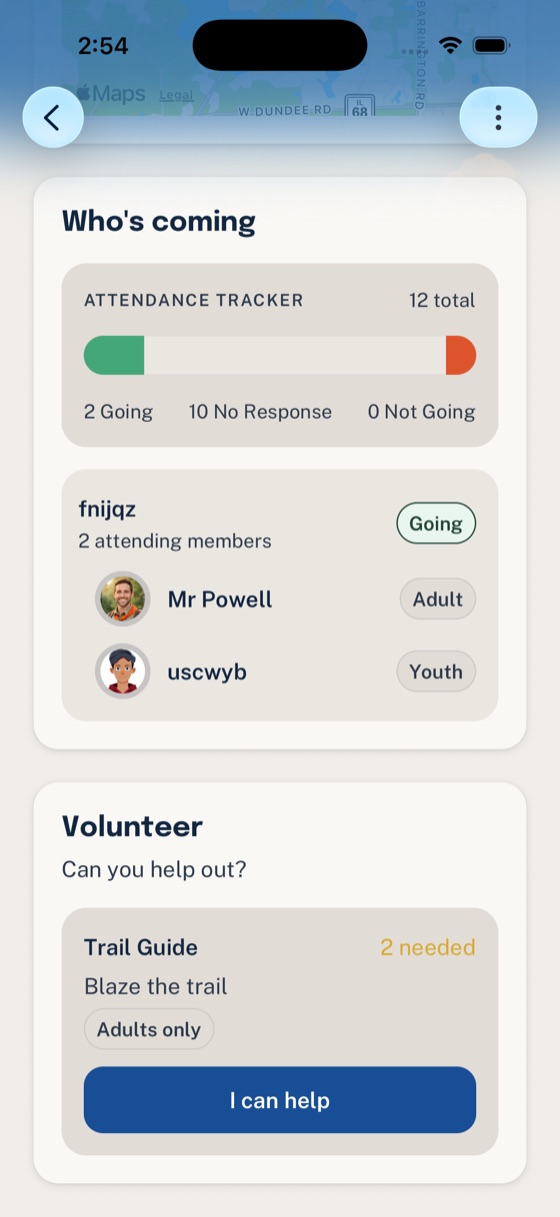 Woggle Event detail screen showing an open volunteer role for families to claim.