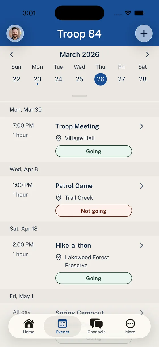 Woggle Events list showing upcoming troop activities with RSVP status for each event.