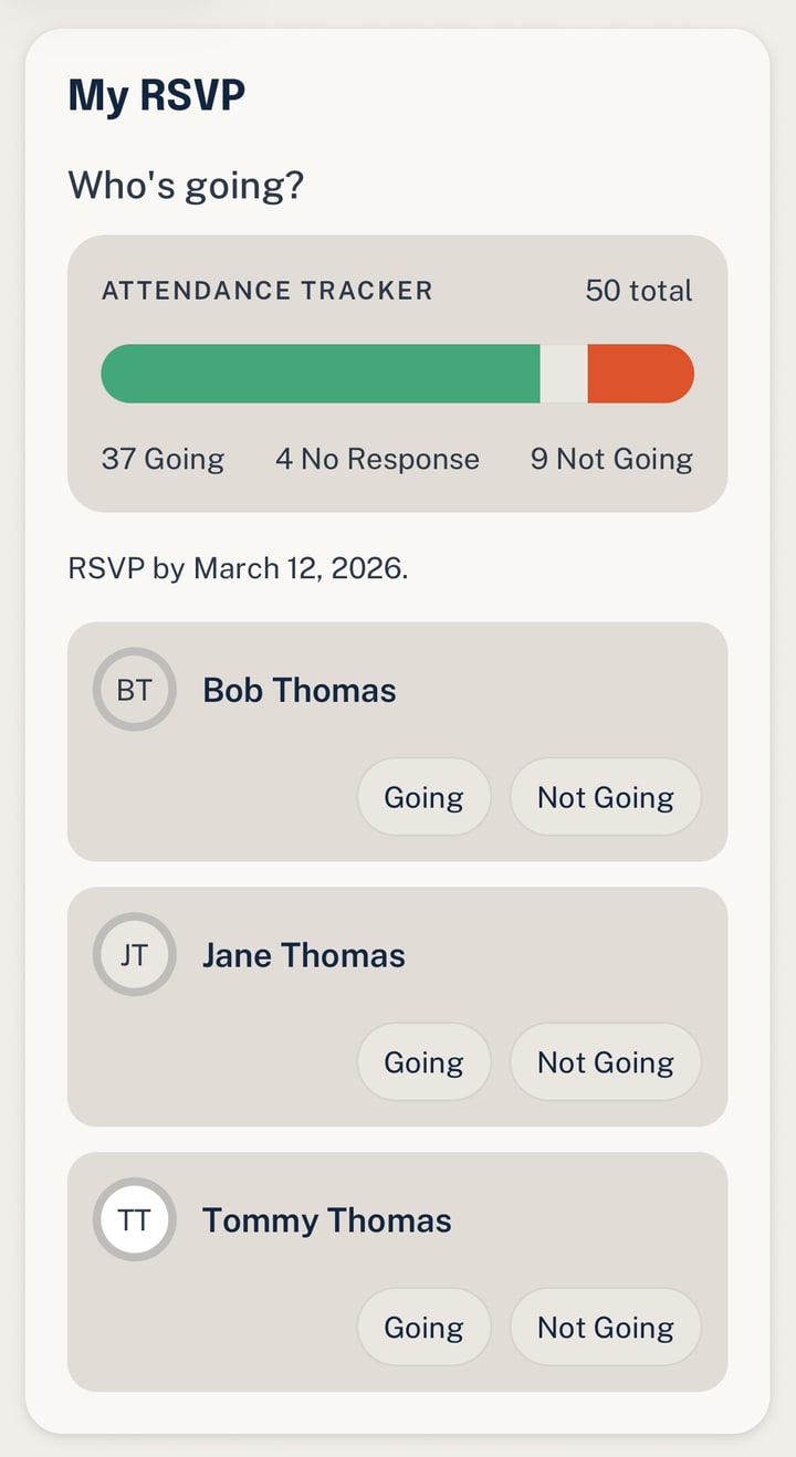 Woggle My RSVP panel showing an attendance tracker and household members with Going and Not Going options.