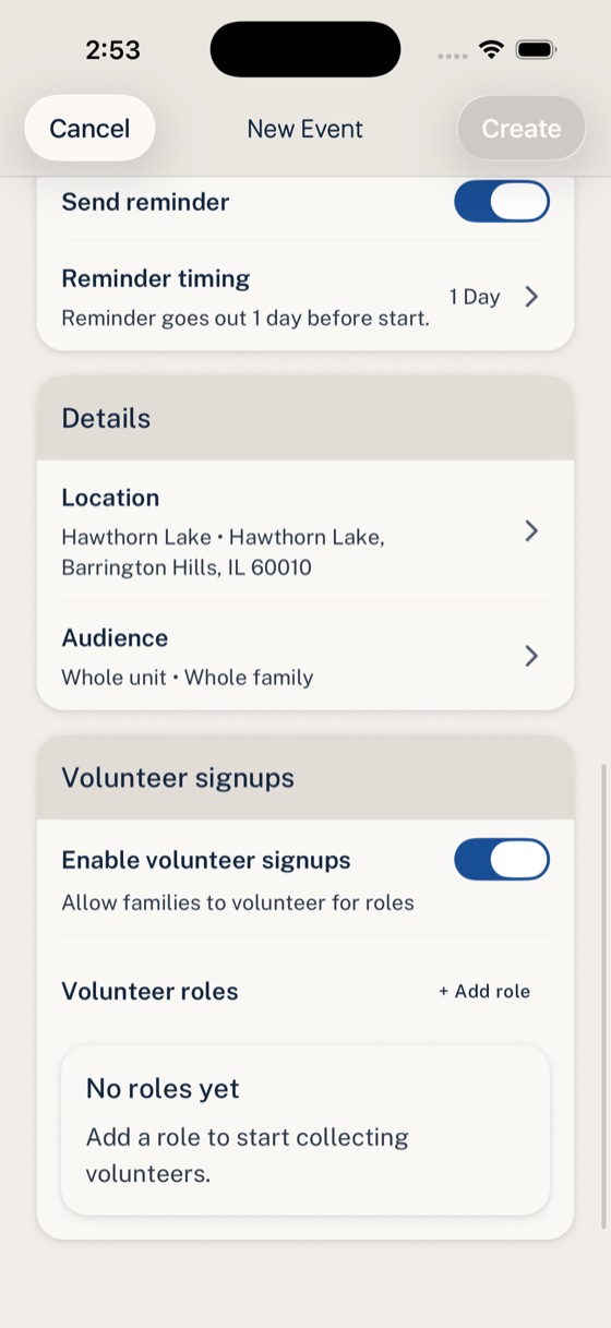 Woggle Event volunteer setup screen showing role name, quantity needed, and description fields.