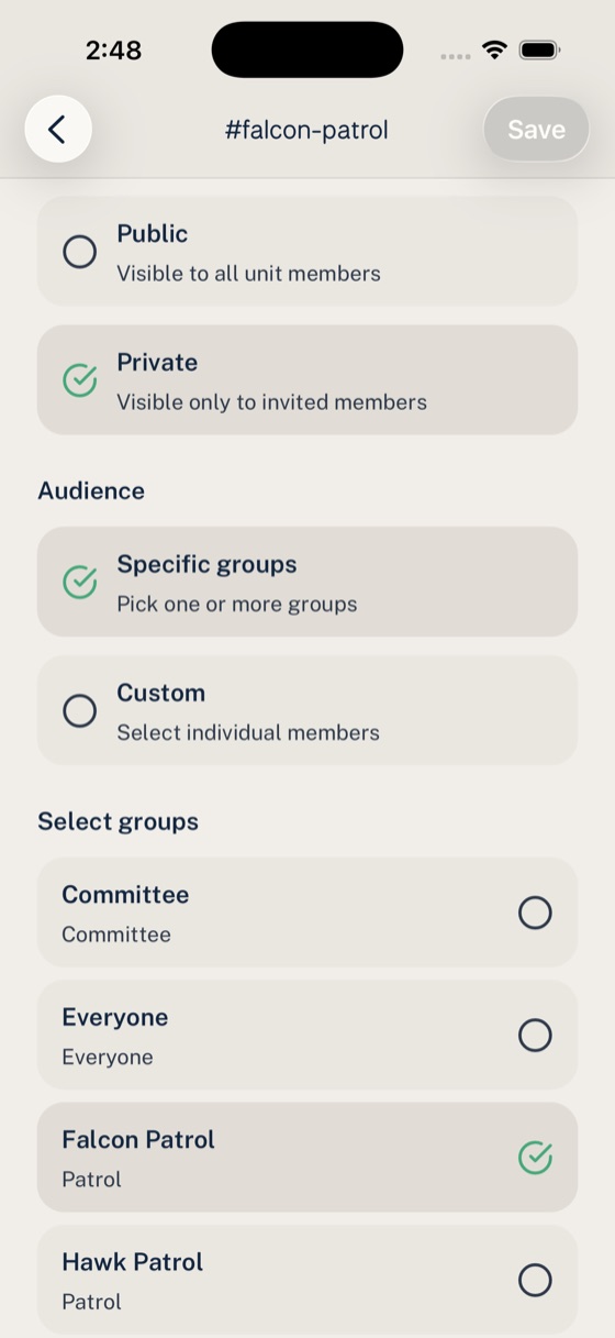 Woggle Group channel audience settings screen showing parent, youth, and leader visibility options.