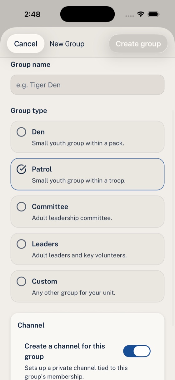 Woggle New Group screen showing a leader creating a Falcon Patrol Group with a description and channel settings.