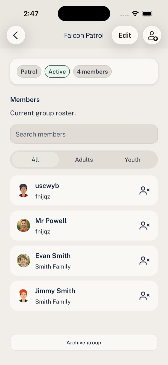 Woggle Group detail screen for Falcon Patrol with members and the Group channel.