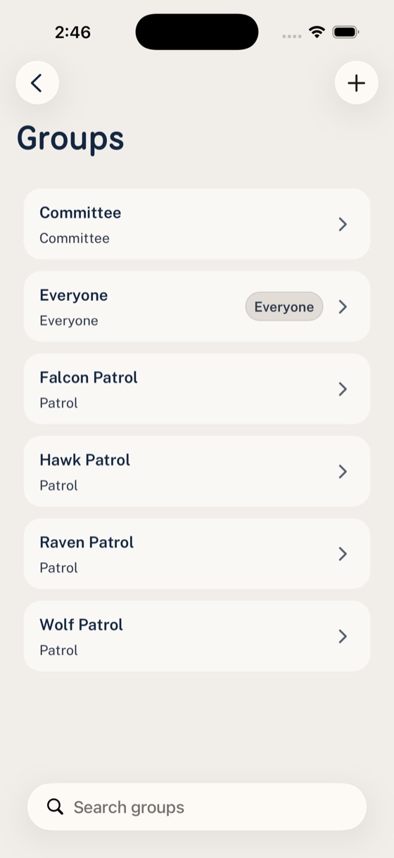 Woggle Groups list showing Committee, Falcon Patrol, Hawk Patrol, and New Families.