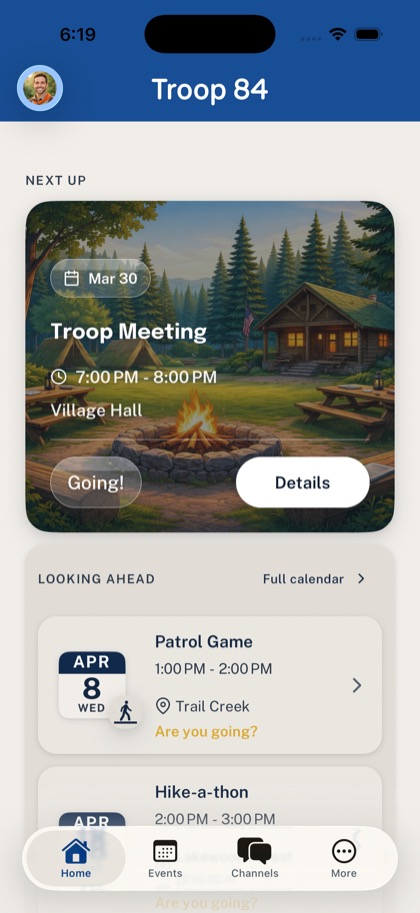 Woggle mobile home screen showing the next Scout meeting, RSVP status, and upcoming events.
