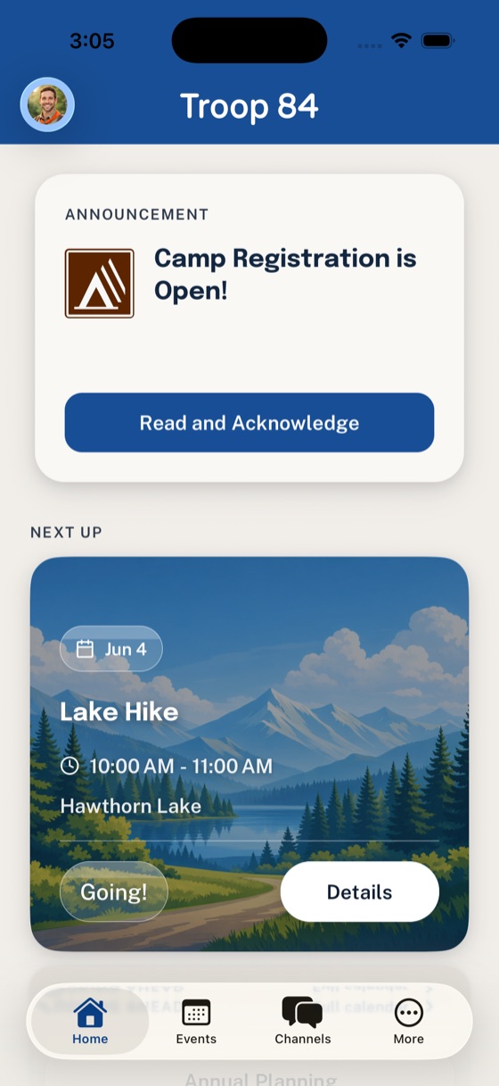 Woggle home screen showing an unread camp registration Announcement above upcoming Events.
