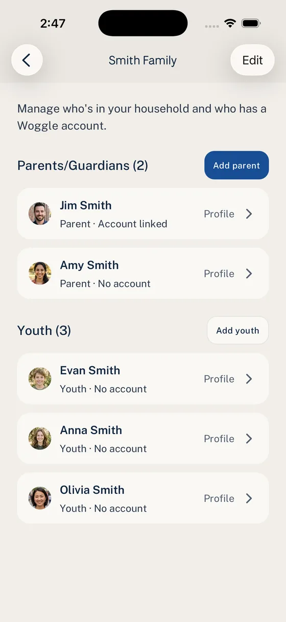 Woggle Household screen showing parents, guardians, youth members, linked account status, and add parent or youth actions.