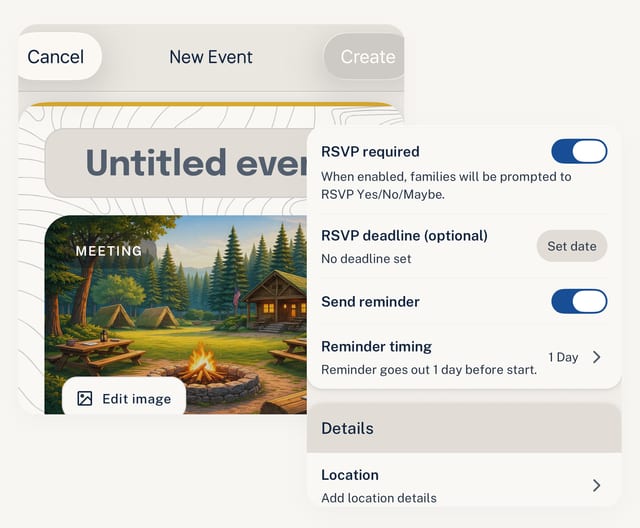 Woggle create event flow showing the event setup surface and RSVP settings