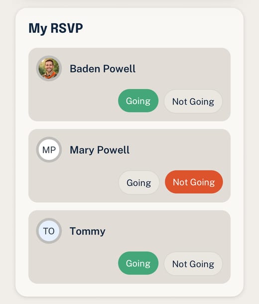 Woggle family RSVP component with household members and response buttons