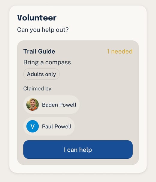 Woggle volunteer component showing a role, claims, and the call to help