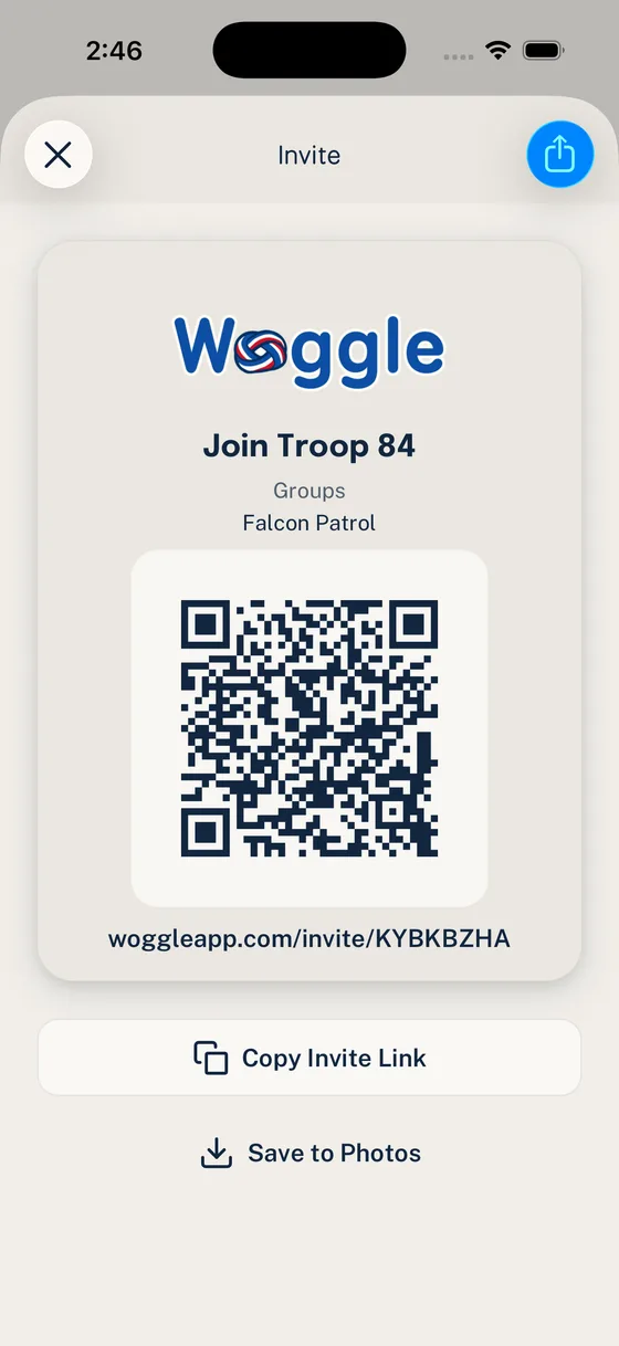 Woggle Invite screen showing a QR code for joining a troop.