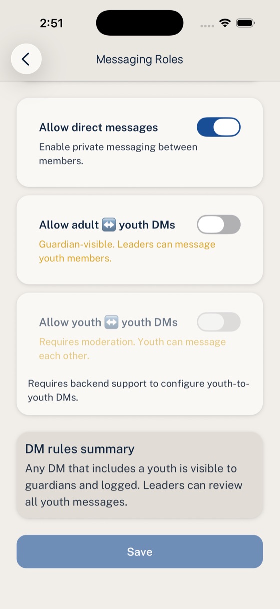 Woggle messaging settings screen showing permission and communication controls.