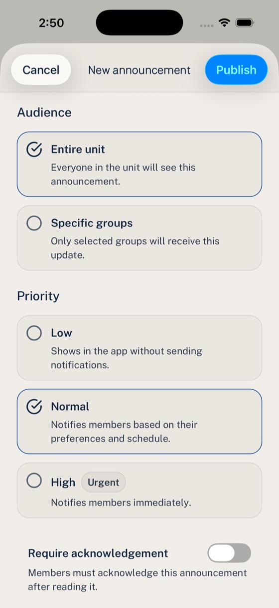 Woggle New Announcement audience screen showing Entire unit and Specific groups options, priority settings, and acknowledgement controls.