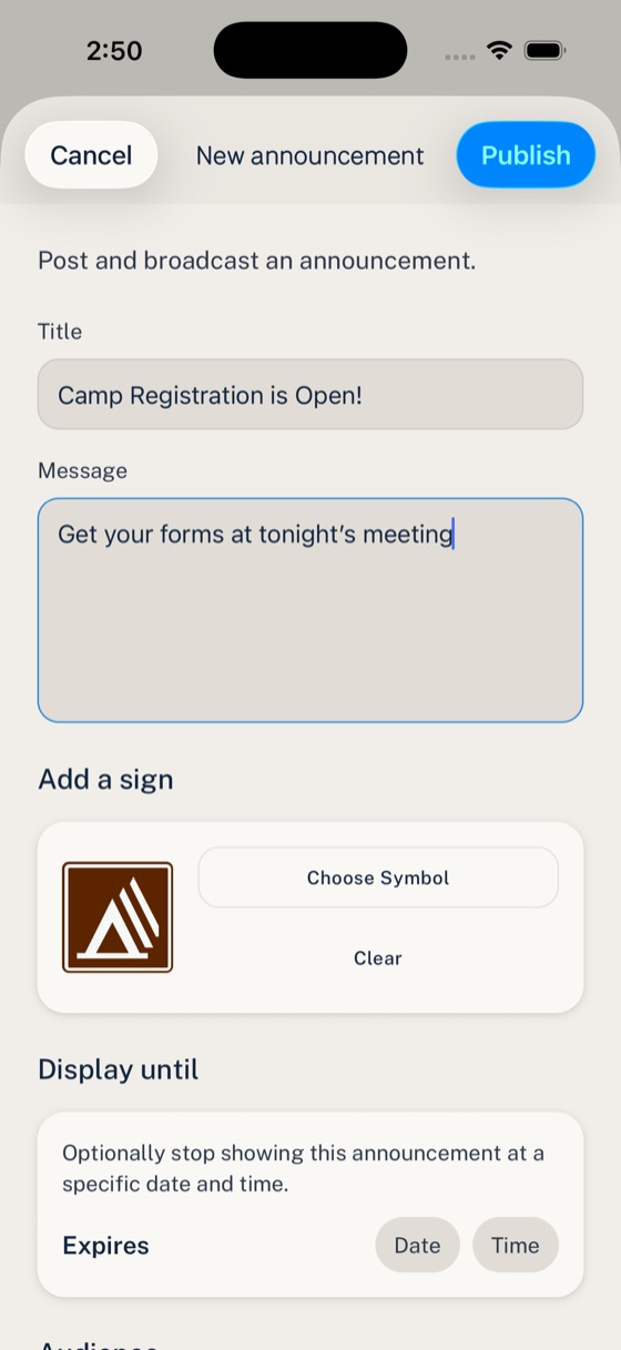 Woggle New Announcement form showing title, description, pinned setting, comments, attachments, and scheduling options.