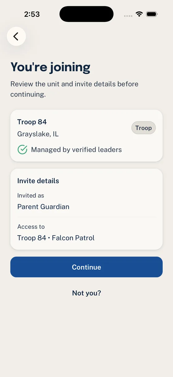 Woggle invite review screen showing a parent joining Troop 84 with verified leader details and patrol access.