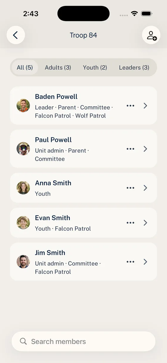 Woggle Roster screen showing parents, youth, household labels, and invite status.