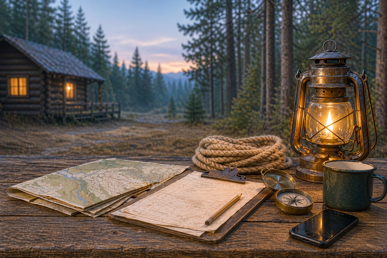 Scout planning materials on a rustic table at dusk outside a cabin in the woods.